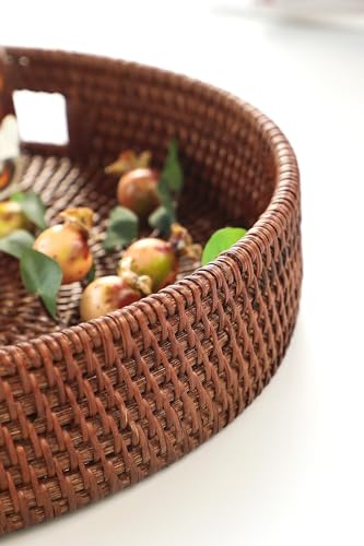 HITOMEN Hand-Woven Round Rattan Serving Tray Decorative Ottoman Wicker Platter with Handles for Coffee Table, Breakfast, Drinks, Snack, Bread, Fruit, Vegetables (Brown Set of 2: M+L) - color: Brown, size: Medium (11.8 inches)/Large (14.2 inches)