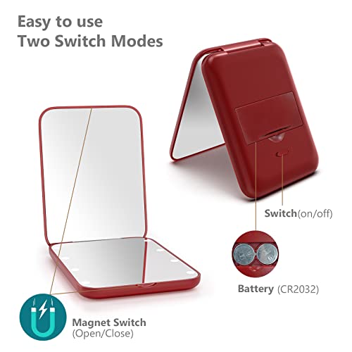 Kintion Pocket Mirror, 1X/3X Magnification LED Compact Mirror (Wine Red) - color: Wine Red