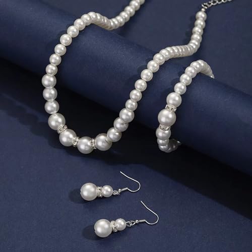 Pearl Bride Wedding Jewelry Set Faux Pearls Crystal Rhinestone Necklace Earrings Bracelet Sets for Women Bridesmaid(3 PCS) - color: White - Gourd Shaped