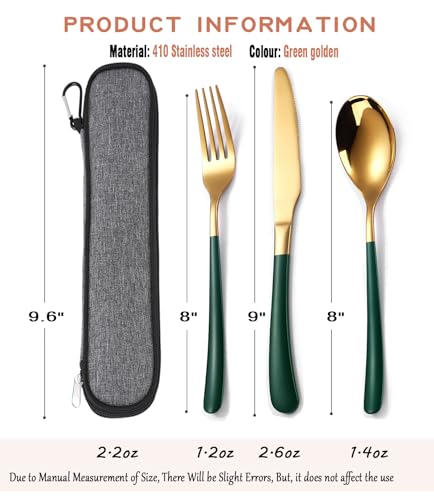 MURRI&MURRDI Travel Stainless Steel Cutlery Set for 1, Reusable Flatware Set with Case, Camping Silverware Set for Work, Knife Fork Spoon Utensil Set 3 Piece (Green Gold) - color: B- 3 Green Gold