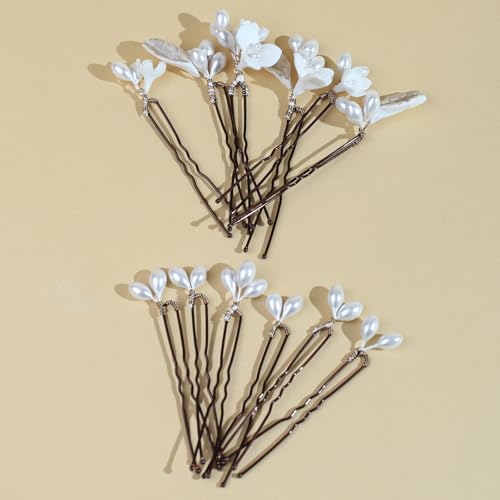 Handmade Pearl Bridal Wedding Hair Pins 12Pcs White Flowers Pearls Clips Wedding Hair Accessories for Women Brides Bridesmaid - color: Set-B-Bronze