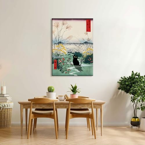 Framed Japanese Black Cat Canvas Wall Art Edo Period Mount Fuji Wall Decor Funny Cute Cat Animal Posters Pictures Japanese Ukiyoe Art Aesthetic Minimalism Painting Prints Bathroom Home Artwork