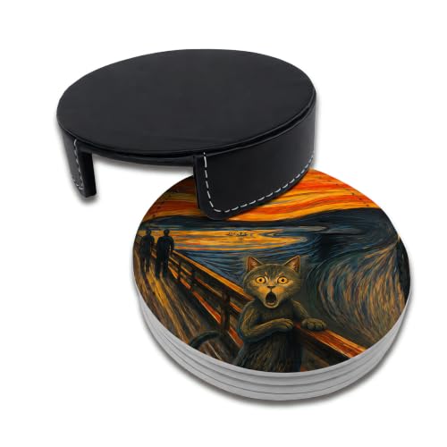 Cat Art Coasters for Drinks with Holder Leather Coasters Set of 6 for Bar Coffee Table - color: Cat Art