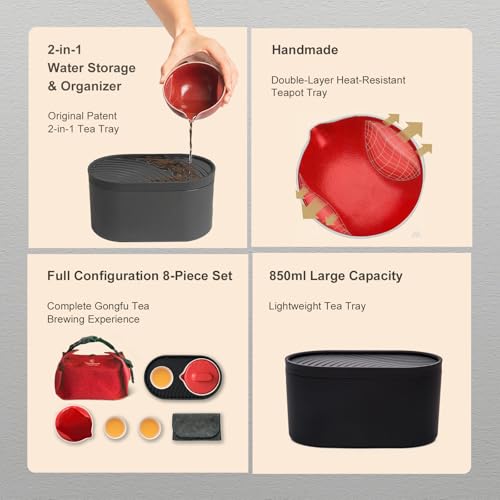 PERTouch-T1 Portable Gongfu Tea Set Asian Style Travel Tea Set Double-Wall Insulated Ceramic Kit with Teapot, Fair Cup, 3 Tea Bowls, Tea Tray & Waterproof Travel Bag for Outdoor, Car, Home, Office - color: Red