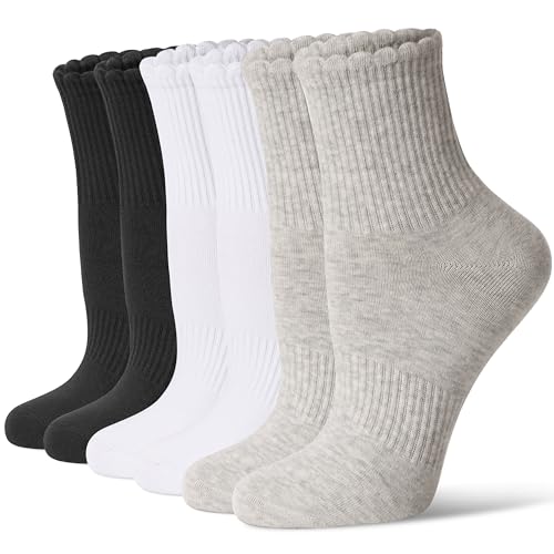 CS CELERSPORT Women's Mini Crew Ankle Socks with Scalloped Top,Pack of 6 - color: Black+white+gray, size: Medium