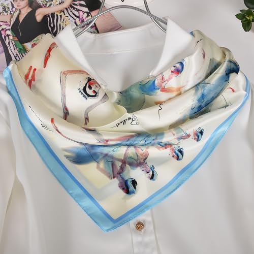 Women 100% Mulberry Silk Neck Scarf 21" Square Floral Neckerchief - color: Beige White
