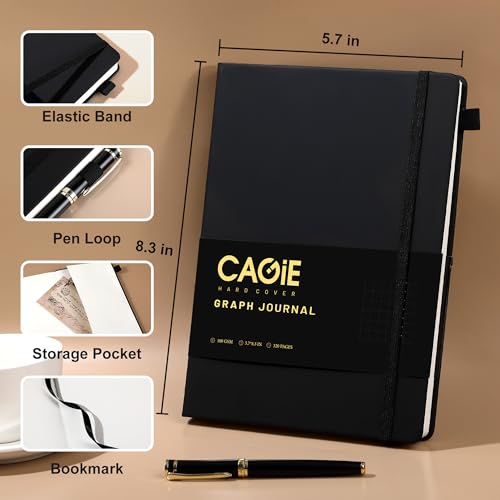 CAGIE Graph Notebook 320 Pages 100 GSM Paper Graphing Grid Journal A5 Hardcover Leather Quad Ruled Notebooks for Engineering, Math, Work, Black - color: Black, style: Graph A5