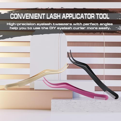 2 in 1 Lash Tweezer with Comb, Stainless Steel Elbow Tweezers, Eyelash Extension, Precise Eyebrow Tweezers Tool, Lashes Tweezer Applicator for DIY Applying False Eyelashes Clusters, Rose - color: Pink