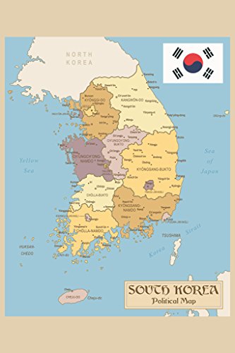 South Korea Vintage Political Map Poster Republic of Korea Provinces with Flag With North Korea Yellow Sea Of Japan Geography Map Cool Wall Art Print Poster 12x18 - size: 18"L x 12"W
