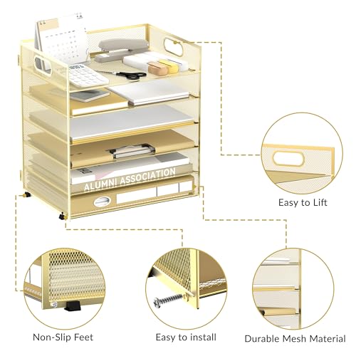 Daltack 6-Tier Paper Organizer for Desk with Handle, Gold - color: Gold