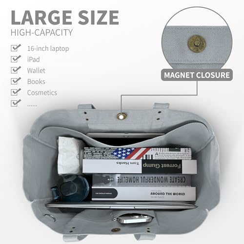 HOMESPON Large Canvas Tote Bag, Magnetic Work Laptop Pack for Women - color: Grey