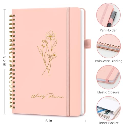 Undated Weekly Planner, Weekly To Do List Notebook with Goal & Habit Tracker Organizer, A5 Weekly Planner Notebook with Spiral Binding, 6.1" x 8.2" - Rosy - color: c.Rosy