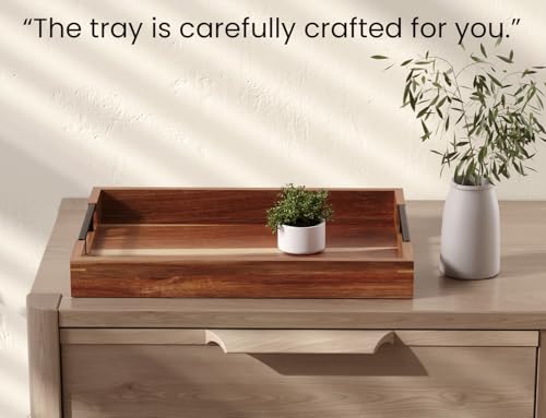 Fibogollo Acacia Wood Serving Tray with Metal Handles,17x12in Ottoman Decorative Trays Platter for Coffee Table,Living Room,Bar,Party(Large) - size: 16.9" x 11.8" x 2"