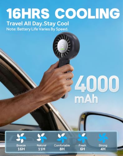 Portable Handheld Turbo Fan Foldable Personal Fans, 5 Gear Wind, 4000mAh Rechargeable Battery Operated, Up to 16 Working Hours, 3 IN 1 Small Hand Held Fan for Travel, Camping, Beach (Black) - color: Black