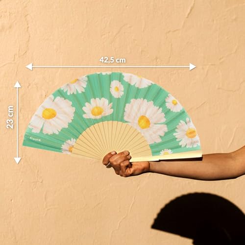 Fisura – Original “Daisy” Folding Fan. Green Wooden Handheld Fan for Women with Hanger. Elegant Accessory for Weddings, Parties, Festivals, Raves and Creative Gift Ideas. 16.7 x 9 - color: Daisies