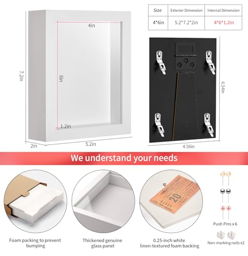 4x6 Small Shadow Box Picture Frame with Real Glass and Linen Back - color: White + Thickened Panel + Foam Packaging, size: 4x6