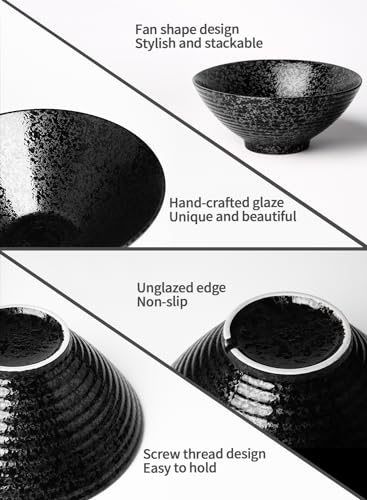 Kanwone Ceramic Japanese Ramen Bowl Set, Noodle Soup Bowls - 60 Ounce, with Matching Spoons and Chopsticks for Udon Soba Pho Asian Noodles, Set of 2, Black - color: Black, size: 9 Inch