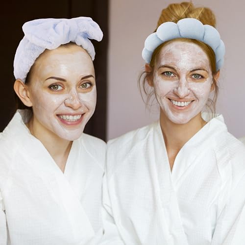 SPA Headbands for Washing Face Makeup Headbands with Bow Hair Band Women Facial Head Band Wrist Towel Wraps For Shower Face Mask Blue, 5 Pack - color: Sky Blue