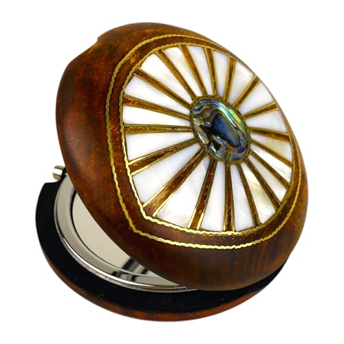 Handmade Natural Wooden Compact Mirror with Abalone Shell and Mother of Pearl Inlay- Magnifying Make Up Mirror- Unique Gift for Valentines Day- Personalized Gift for Her (Evil Eye) - color: Evil Eye