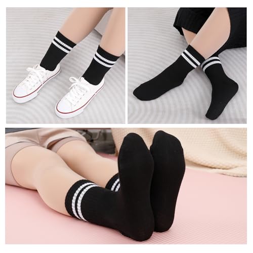 Womens White Crew Socks 6 Pair Striped Trim Casual Crew Socks - color: Black