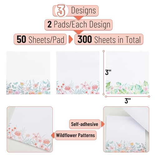 Mr. Pen- Wildflower Sticky Notes, 3"x3", 6 Pack, 300 Sheets