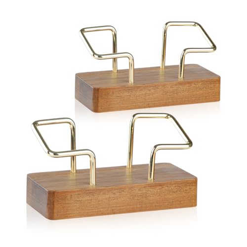 Wooden Business Card Holder, Business Card Holder for Desk with Golden Accents, Display Stand Postcard Holder for Office Home Desktop, Office Desk Accessories for Men and Women