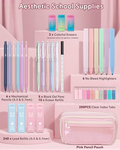 XKDOUS Pencil Case with Supplies, Preppy Stationery School Supplies Kit - color: Pink