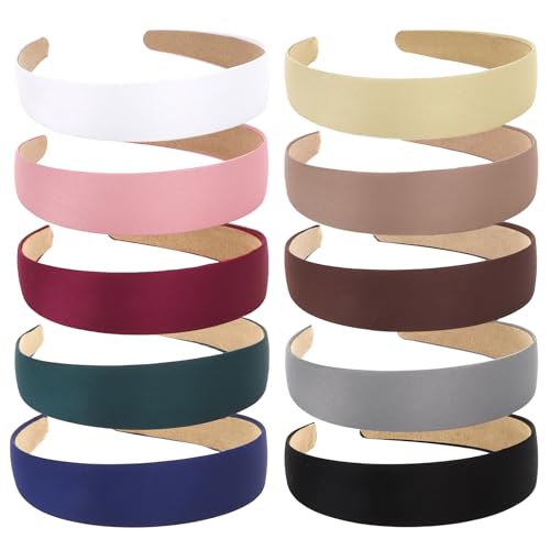 Wecoe 10 Pack Satin Headbands - 1.3 Inch Wide Assorted Colors (White, Blue, Pink, Red, Green, Brown, Khaki, Natural) Non-Slip Fashion Hair Accessories for Women, Girls & DIY Holiday Costumes - color: Multi-color G
