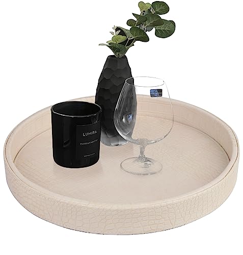 HofferRuffer Faux Leather Round Serving Tray, Vegan Croco Leather Decorative Tray, Food Tray for Storage Drinks, Snack & Cosmetics, Dia.12'' x 1.6'' (CreamWhite/Tiny Yellow) - color: Creamwhite / Tiny Yellow, size: 12"