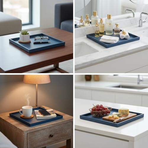 20 * 20 Inch Rectangular Ottoman Tray | Textured PU Leather, Waterproof & Heat-Resistant Storage for Coffee/Dining Tables, Sofa, Bed, Entertainment & Party (Navy Blue, 20 * 20in) - color: Navy Blue, size: 20" x 20" x 1.5"