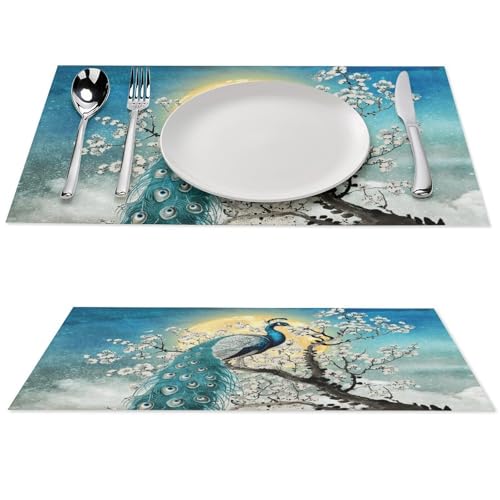Floral Bird Vintage Peacock Cherry Blossom Placemats Set of 4, 12x18 Inch - color: Floral Bird04, size: 4pcs