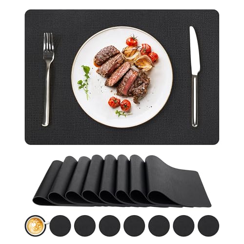 NCUE Vinyl Placemats Set of 8, 17"x12" Wipeable Place Mats with Coasters - color: Black, size: Set of 8