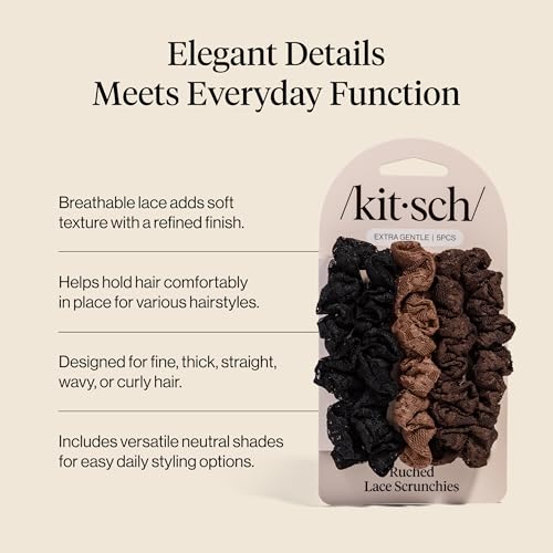 Kitsch Ruched Lace Scrunchies For Women - Black, Chocolate & Mocha, 5pc Set - color: Chocolate & Mocha