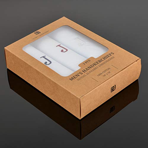 Initial Handkerchief for Men, Monogrammed Boxed 3 Piece Set,100% Cotton - color: J Initial