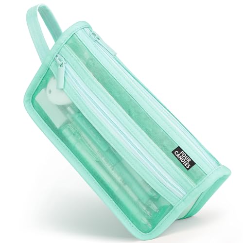 Four Candies Grid Mesh Pencil Case, Clear Double-layer with Handle (Green) - color: Green