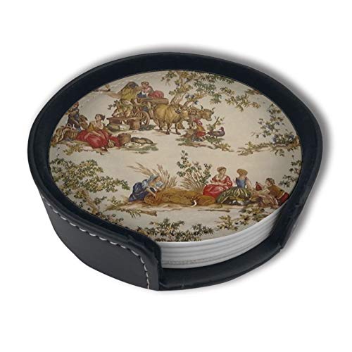 Vintage French Country Print Coasters for Drinks with Holder Leather Coasters Set of 6 Table Decor Protect Furniture from Water Marks Scratch and Damage - color: Black4
