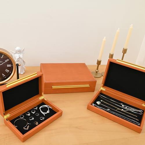 Faux Shagreen Stackable Decorative Velvet Lining Storage Boxes Set of 3 - color: Burnt Orange, size: L
