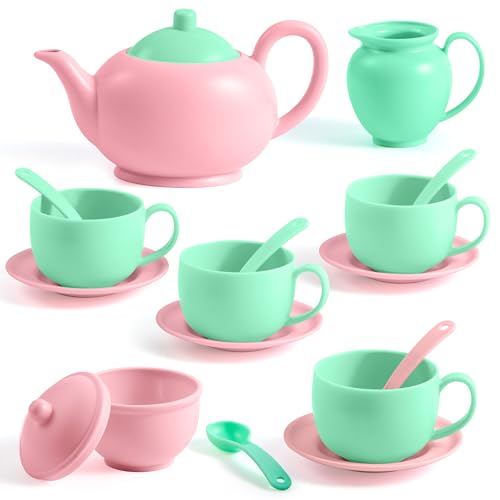 JOYIN 18PCS Pretend Tea Party Set, Plastic Tea Set, Mini Kitchen for Kids, Gifts for Kid Boys Girls Ages 3 4 5 6 Years Old, Easter Birthday Gifts - style: Baby Pink Teapot