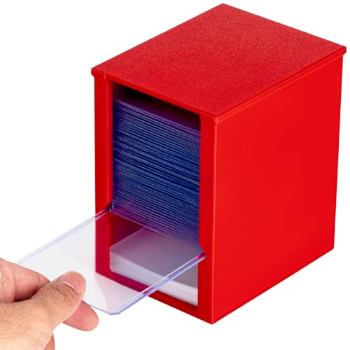Toploader Dispenser & Penny Sleeve Holder - Dual Compartment Holds 250 Penny Sleeves & up to 50 Top Loaders, Stackable Card Storage Box with Dustproof Lid (Red) - color: Red