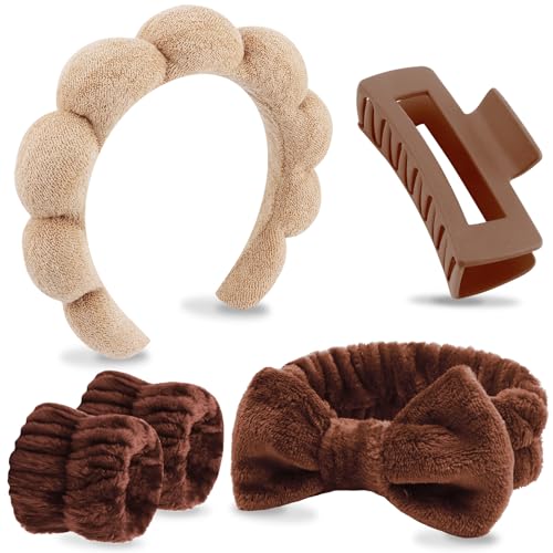 VELSCRUN Spa Headbands for Wash Face, Makeup Headband, Facial Skincare Headbands, 5 Pcs Dark Brown Puffy Sponge Spa Headband Bow Tie Hair Band Hair Clips Wristband Set Women Girls Accessories - color: Dark Brown