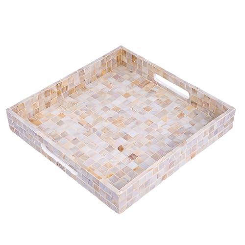 PEMAR Handcrafted Mother of Pearl Decorative Tray with Handles - 12" Square Mosaic Inlay Organizer for Coffee Table, Ottoman, Vanity & Bathroom - Luxury Coastal Home Decor (White Cream Squares) - color: White Squares