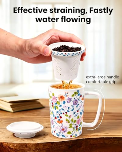 Ceramic Tea Mug with Infuser and Lid,16oz Floral Loose Leaf Tea Cup - color: Vibrant Floral