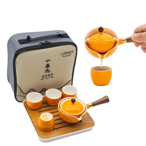 LURRIER Porcelain Chinese Gongfu Tea Set,Portable Teapot Set with 360 Rotation Tea maker and Infuser,Portable All in One Gift Bag for Travel,Home,Gifting,Outdoor and Office(Orange) - color: Orange