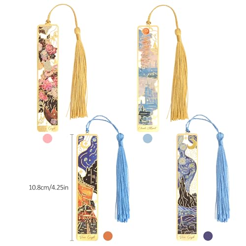 4 Pieces Bookmarks with Tassel, Golden Hollow Metal Bookmark Monet Oil Painting Theme Book Mark for Women Book Lovers Writers Readers Children Teenage Girls, (Starry Sky Style) - style: 4Pcs Starry sky