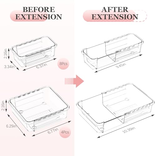 DILIBRA 12 Pcs Clear Extendable Drawer Organizer, Adjustable Drawer Storage - size: 4Pcs Large + 8Pcs Medium
