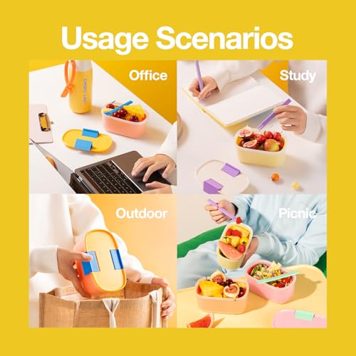 CHAKO LAB Fruit Storage Containerswith Removable Colander, Built-in fruit fork, Food Storage Containers with Lids 21oz(lemon) - color: lemon