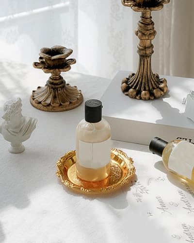 2PCS Coffee Table Tray 5.9in Round Decorative Tray Vintage Metal Dessert Plates for Snacks Fruit Gold - color: Gold, size: 5.9 in
