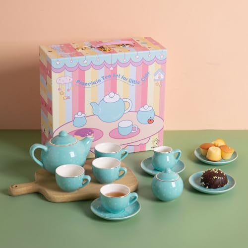 Sweejar Porcelain Tea Set for Little Girls,Kitchen Toys Tea Party Set for Kids Toddler Kitchen Pretend Toy Include Children Teapot, Cup & Saucer Sugar Bowl and Cream Pitcher(Turquoise Polka Dot) - color: Turquoise, style: Polka Dot