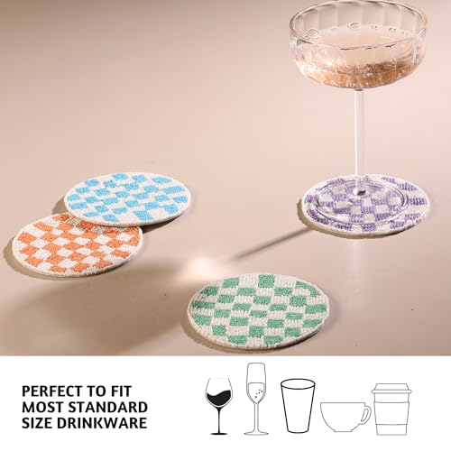 Folkulture Coaster for Drinks | (4") Pack of 4 Multicolor Boho Coasters | Cute Round Boho Coaster | Beaded Drink Coasters for Coffee Table Decor | Round, Beaded, Hand Wash Only - color: Dancing Check