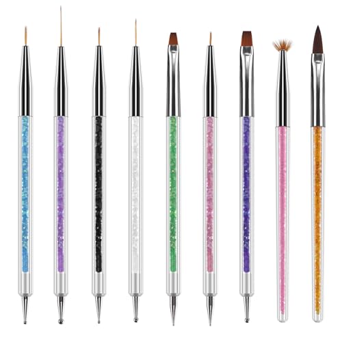 Artdone 9PC Nail Art Brushes Set double-ended, Liner Brush, Dotting Pen, Gel Polish Painting Tools For Nail Art Design - color: 9 PCS